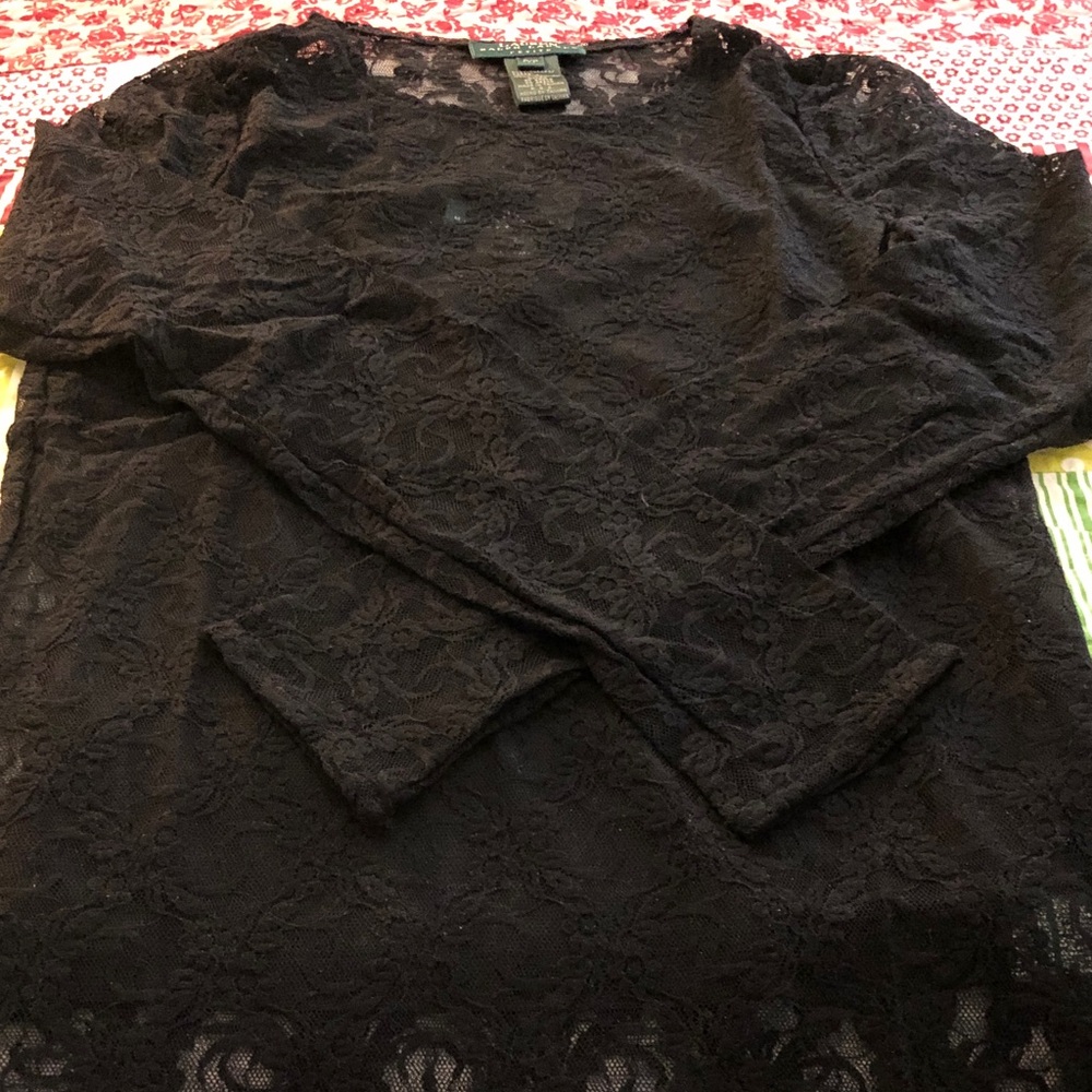 Lauren Ralph Lauren black lace long sleeve top; detachable silky tank underneath